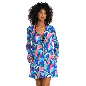 La Blanca Women's Painted Leaves Lace Up V-Neck Plus 1X Swim Tunic Cover Up